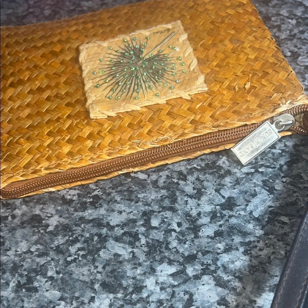 Sun N Sand Rattan Woven Tan Clutch‎ Wristlet with beading